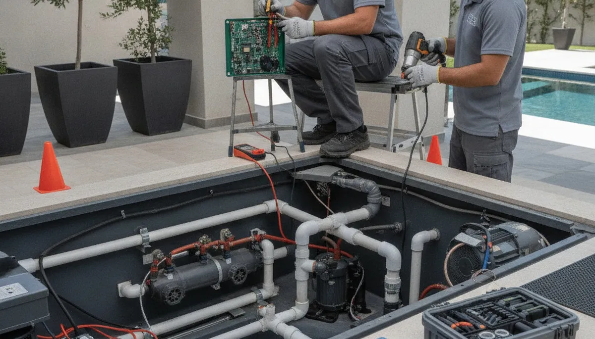 Spa repair technician servicing a home spa in Tucson, AZ for reliable plumbing repair
